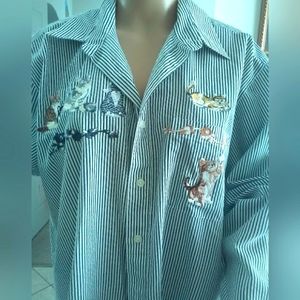 BNWOT VINTAGE MILI BLOUSE STRIPED W/ KITTY CATS SZ. XL BLACK/WHITE